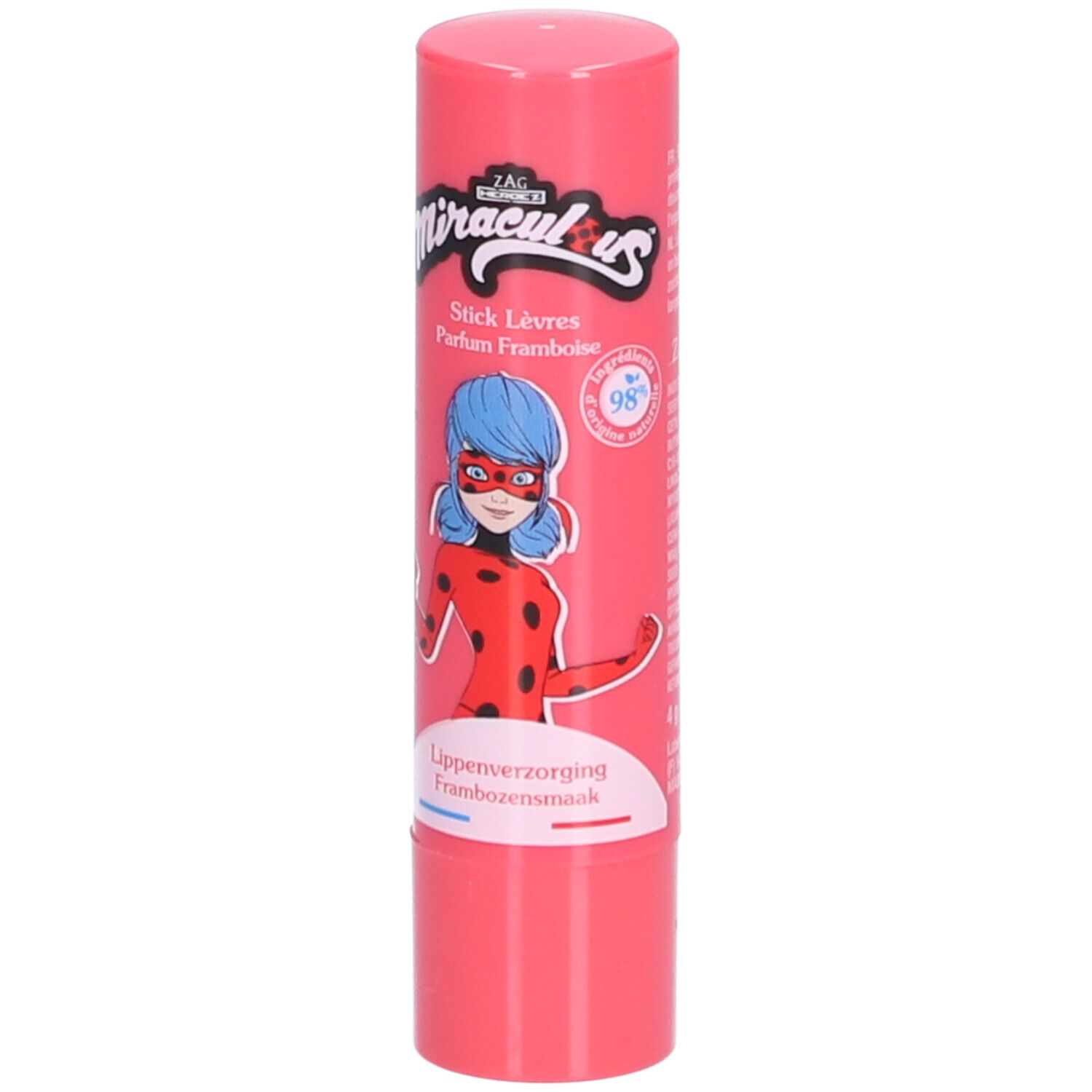 Stick lèvres rose avec illustration Ladybug. Texte: Miraculous, Parfum Framboise. 98%.