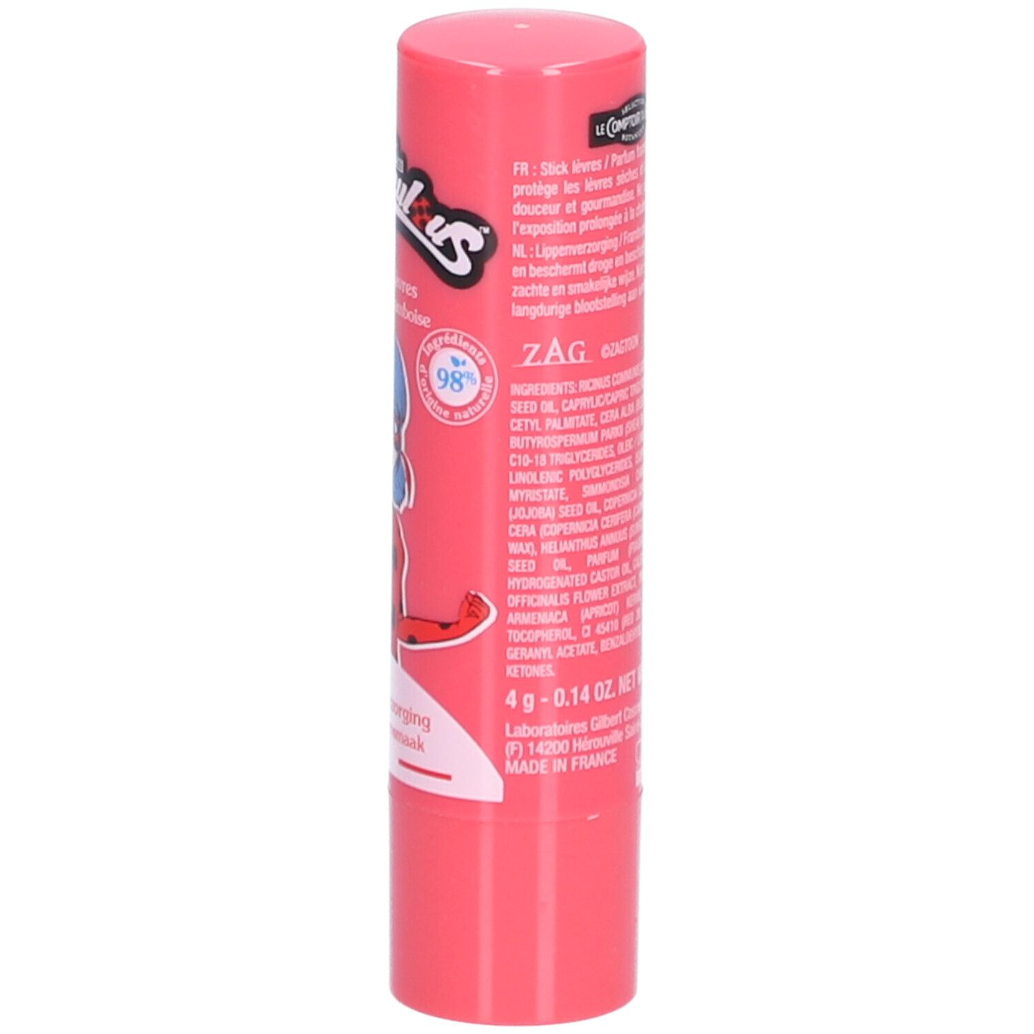 Stick lèvres rose. Texte et ingrédients. Illustration d'un personnage Ladybug. 4g - 0.14 OZ.