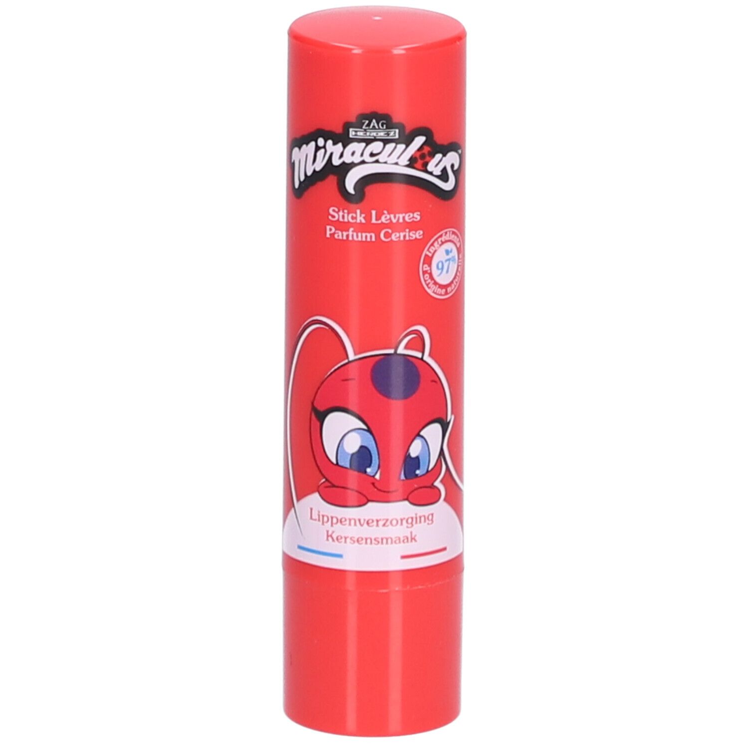 Stick lèvres rouge avec texte Miraculous, Parfum Cerise. Illustration de personnage de dessin animé. Emballage cylindrique.
