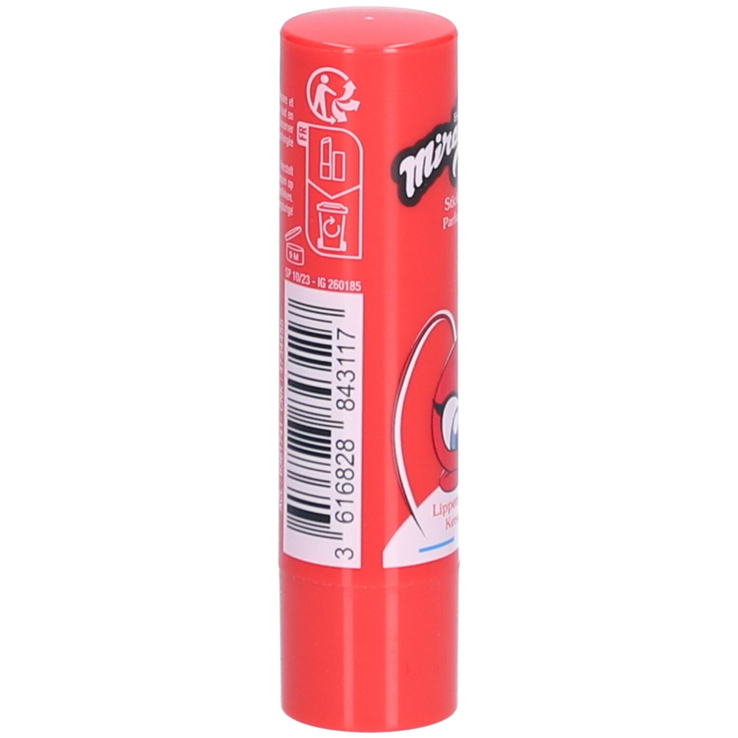 Stick lèvres rouge. Code-barres et texte au dos. Contient le texte Miraculous, Parfum Cerise.
