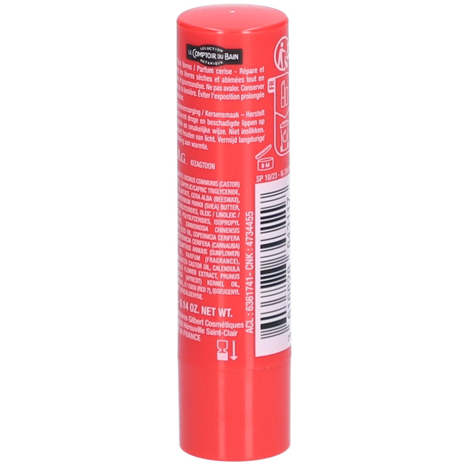Stick lèvres rouge. Texte au dos. Contient le texte Le Comptoir du Bain, Parfum Cerise, 4g.