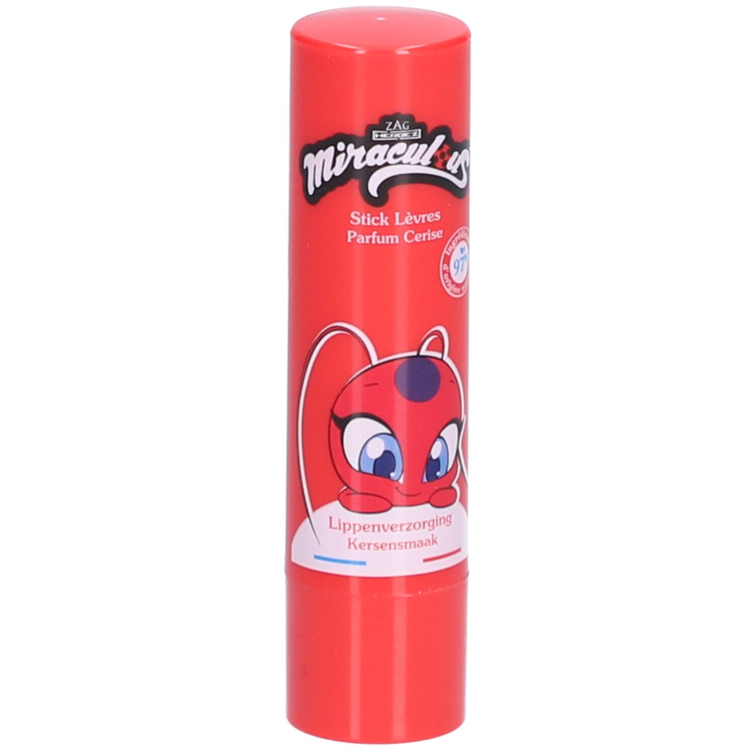 Stick lèvres rouge avec texte Miraculous, Parfum Cerise. Illustration de personnage de dessin animé. Emballage cylindrique.