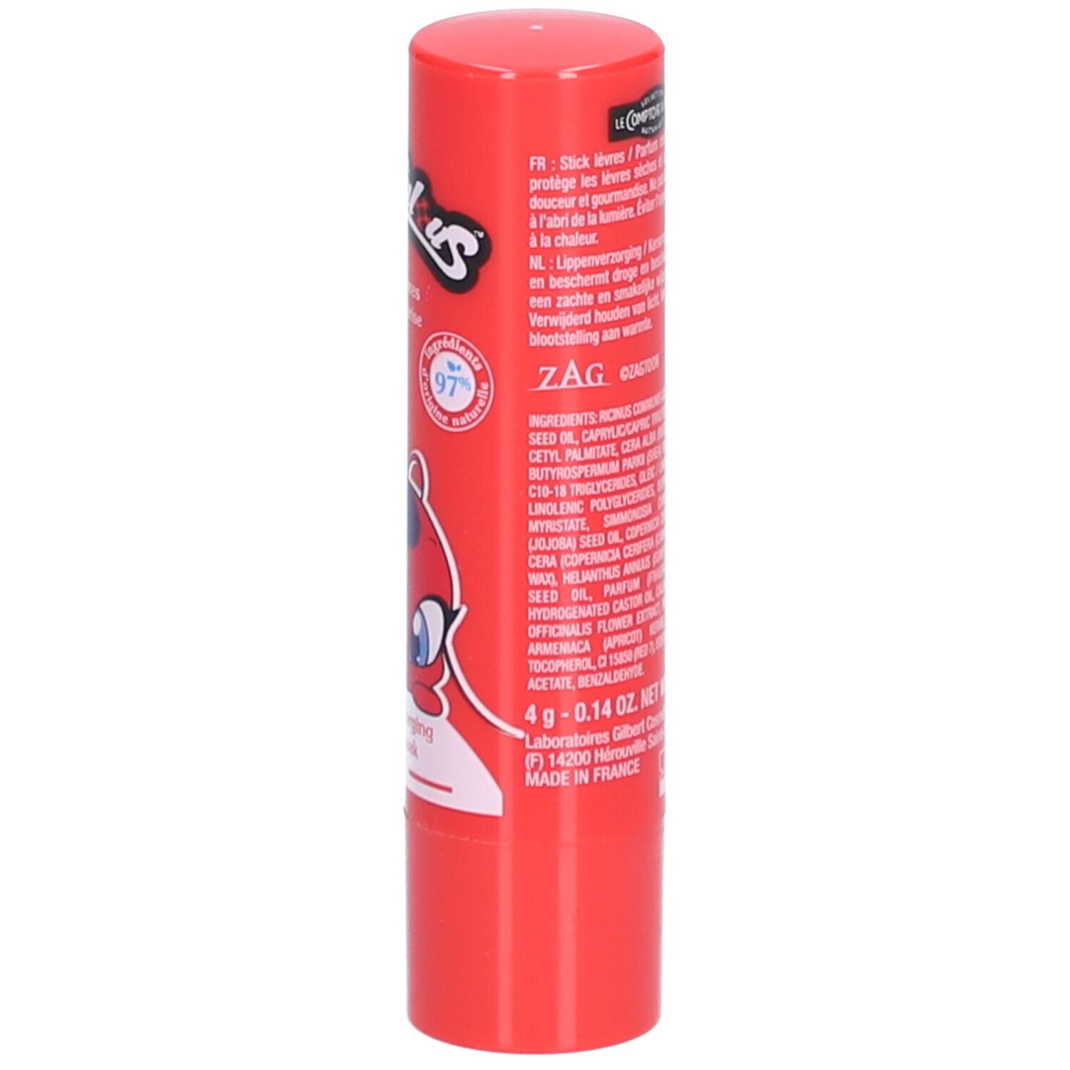 Stick lèvres rouge. Texte au dos. Contient le texte Miraculous, Parfum Cerise, 4g. Ingrédients.