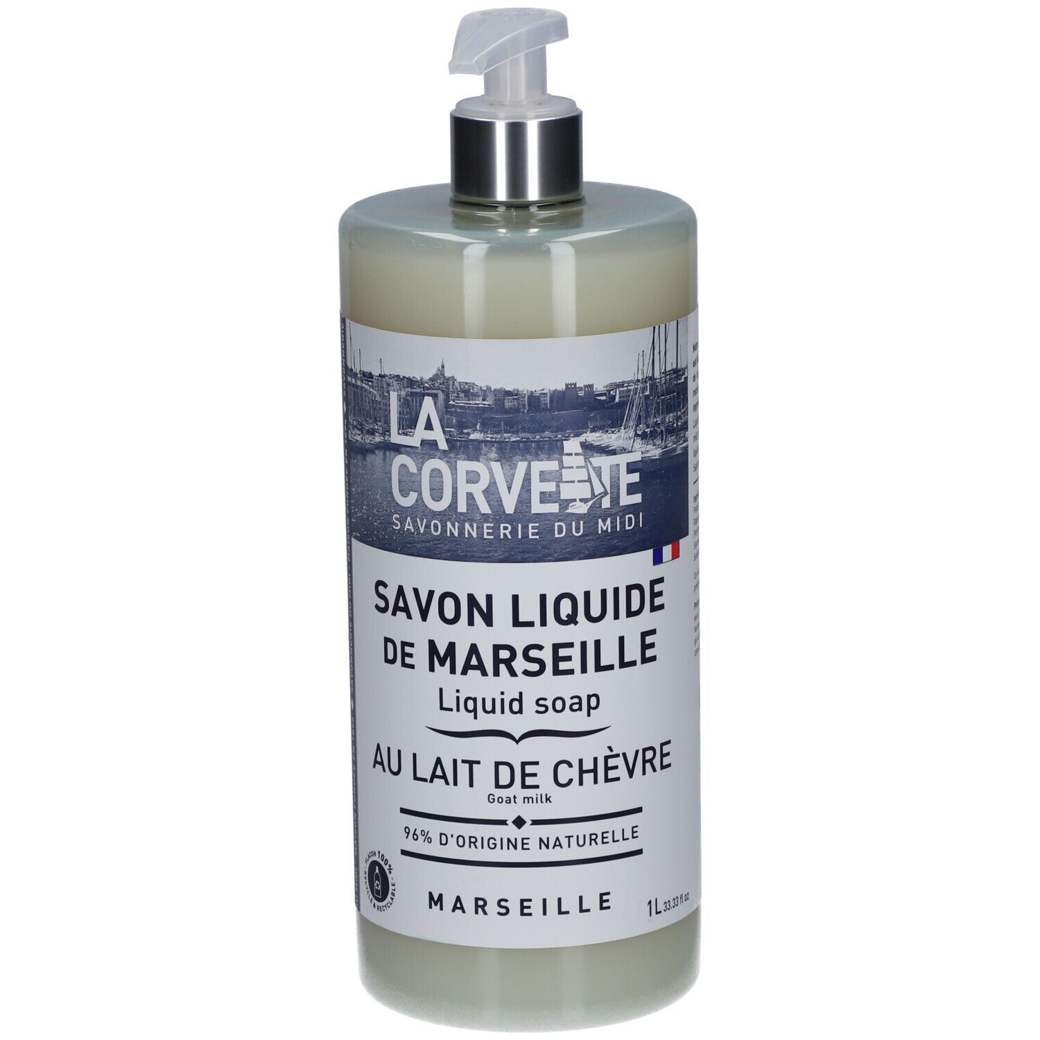 Savon liquide de Marseille au lait de chèvre, flacon avec pompe. Inscription : 96% d'origine naturelle.