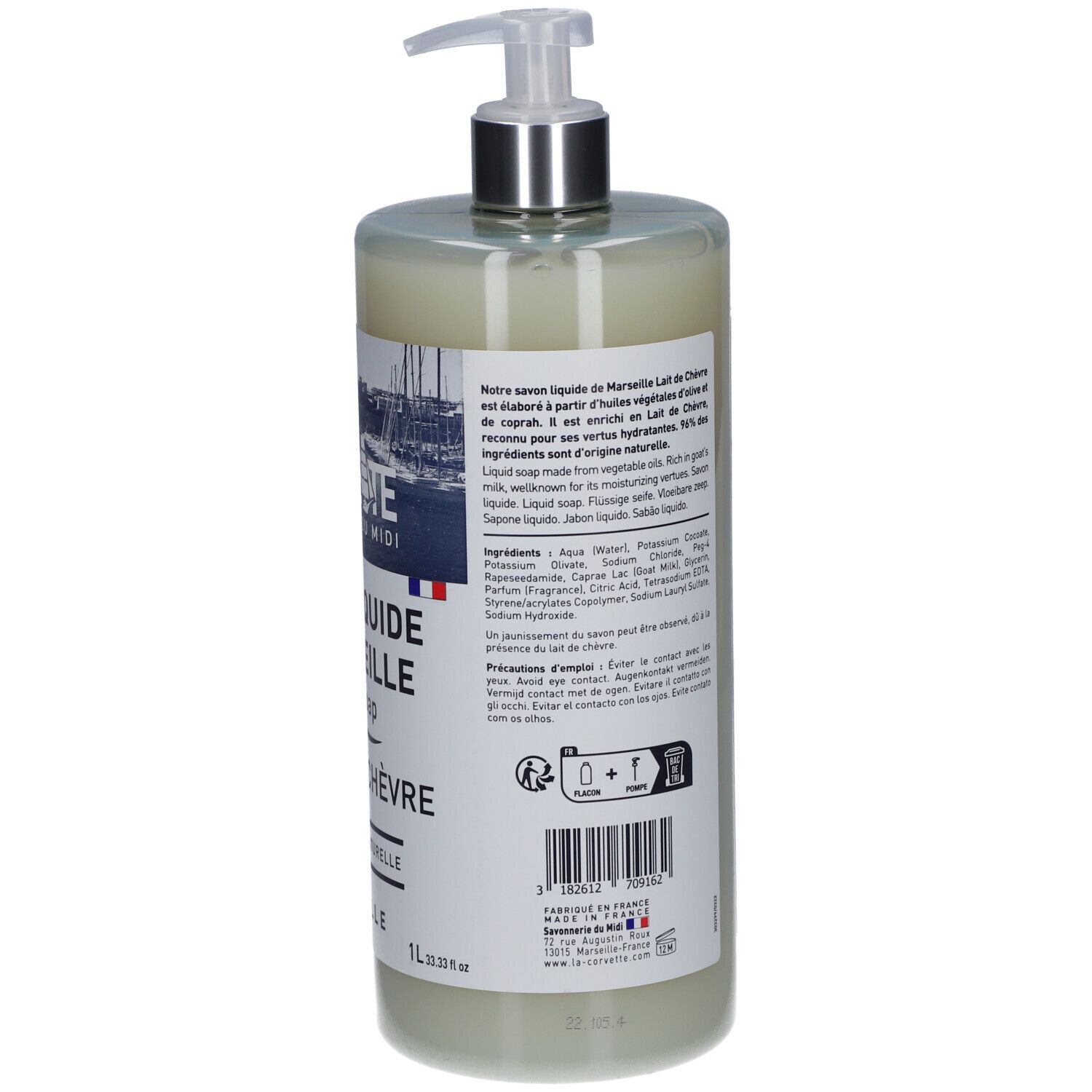 Savon liquide de Marseille au lait de chèvre, flacon avec pompe. Texte et ingrédients au dos.