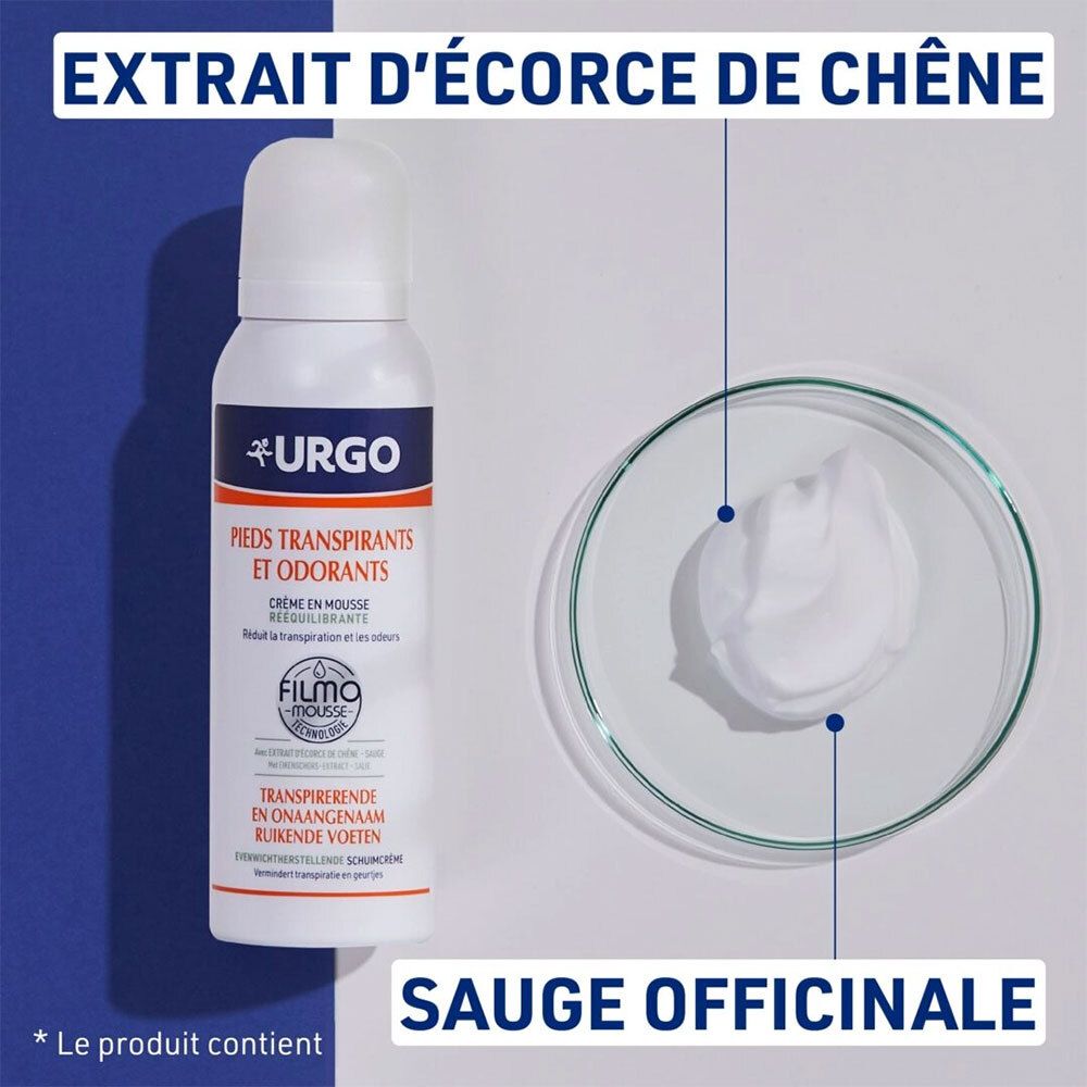 Flacon à côté d'un bol de mousse. Texte: Extrait d'écorce de chêne, Sauge officinale. Logo Urgo. Nom du produit.