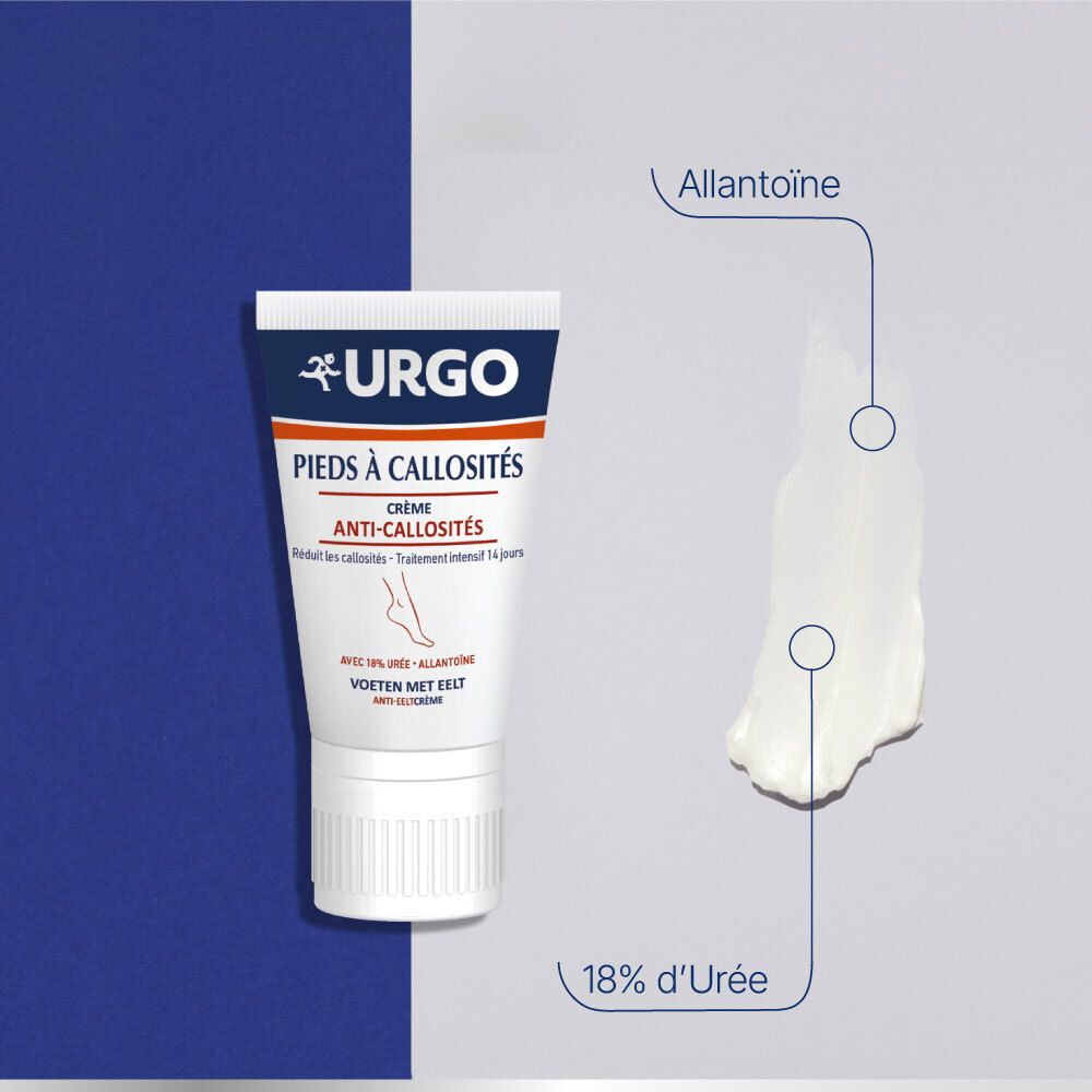 Tube de crème à côté d'une noisette de crème. Texte: Pieds à Callosités, Crème Anti-Callosités. Étiquetage: 18% d'Urée, Allantoïne.