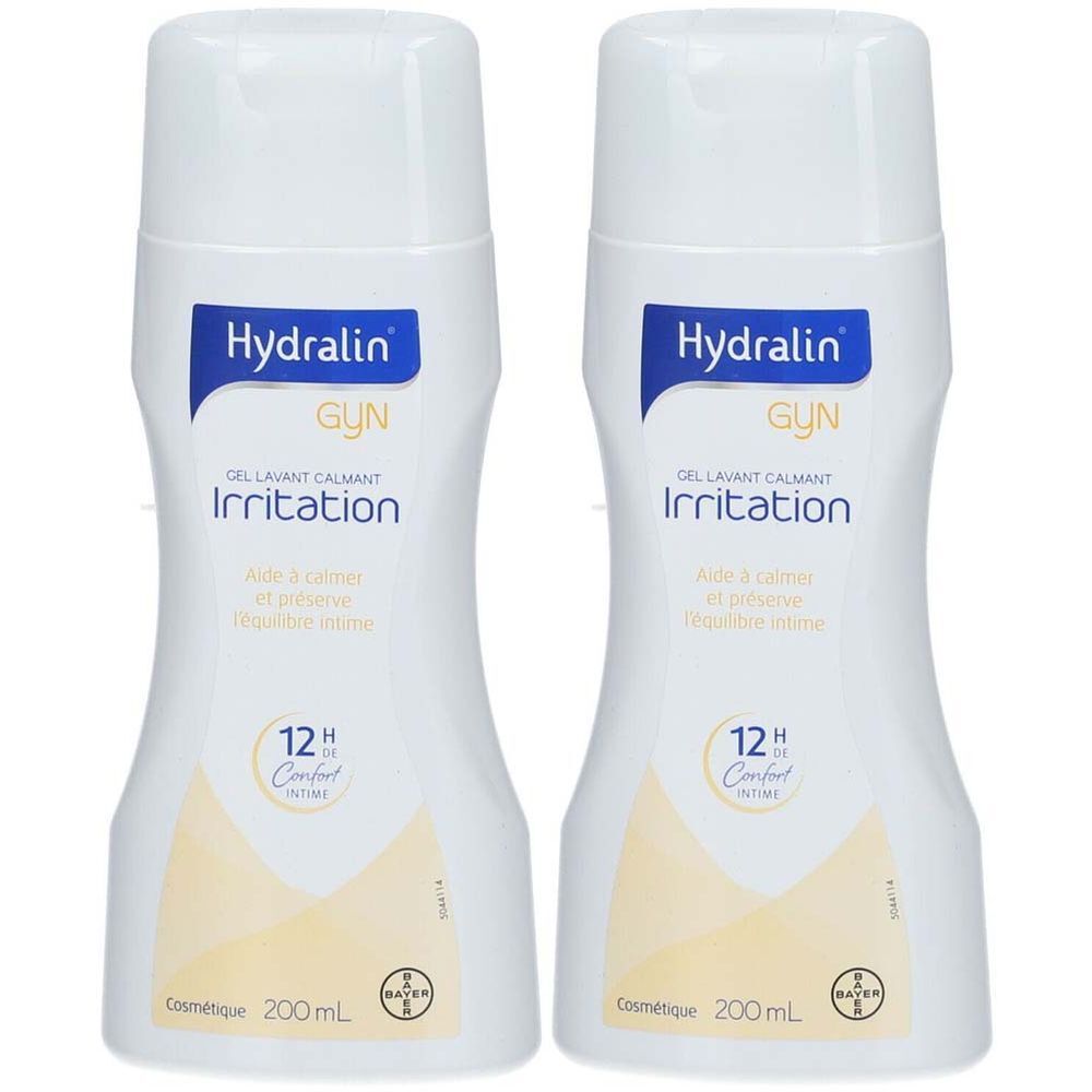 Deux flacons blancs Hydralin GYN Gel. Inscription: Gel lavant calmant Irritation. Avec 12H Comfort.
