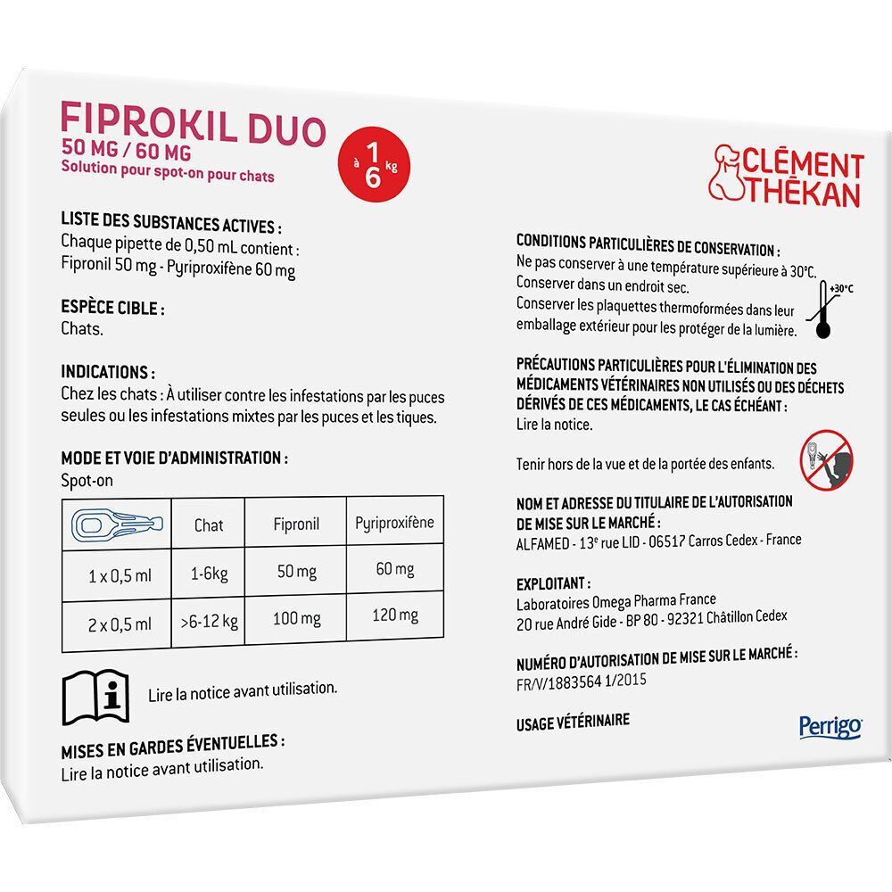 Arrière de la boîte de Fiprokil Duo pour chats, avec les principes actifs et les instructions d'utilisation.