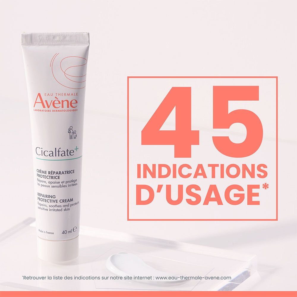 Un tube de crème. Inscription: Eau Thermale Avène, Cicalfate+, Crème réparatrice protectrice, Repairing Protective Cream, 40 ml. Texte: 45 indications.