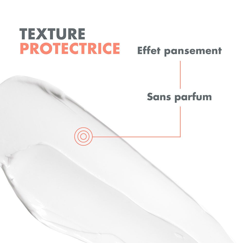 Gros plan d'une crème. Texte: Texture protectrice, Effet pansement, Sans parfum.