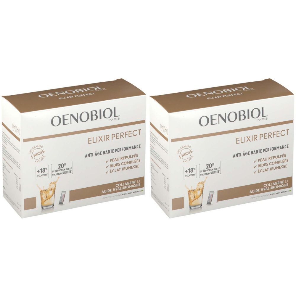 Deux boîtes Oenobiol Elixir Perfect. Inscription: Anti-âge haute performance, peau repulpée, rides comblées, éclat jeunesse. Contient collagène et acide hyaluronique.