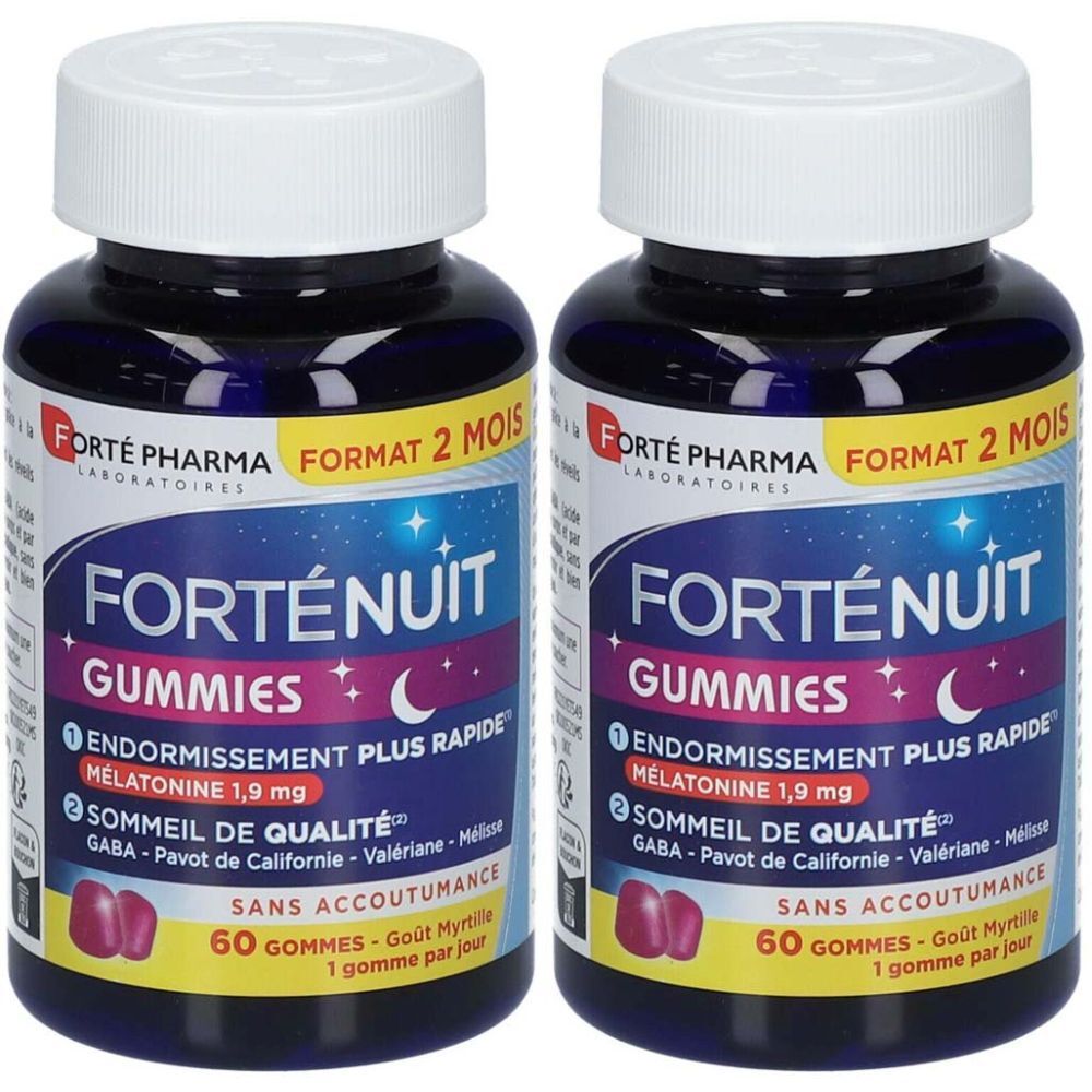 Deux flacons de Forté Nuit Gummies. Flacons bleus avec bouchons blancs. Inscription : Forté Nuit Gummies, mélatonine 1,9 mg, 60 gommes.