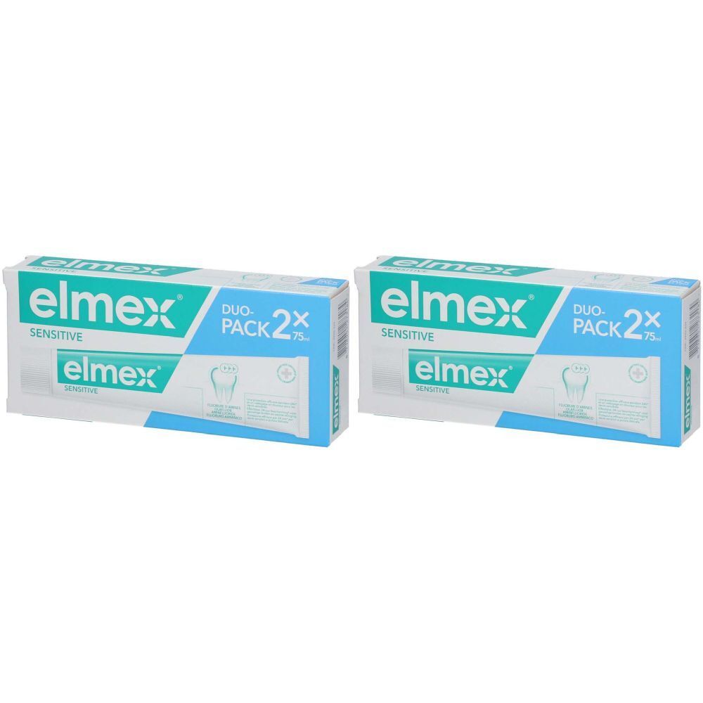 Deux boîtes de dentifrice elmex Sensitiv. Duo-Pack avec 2 tubes. Inscription : elmex, Sensitiv.