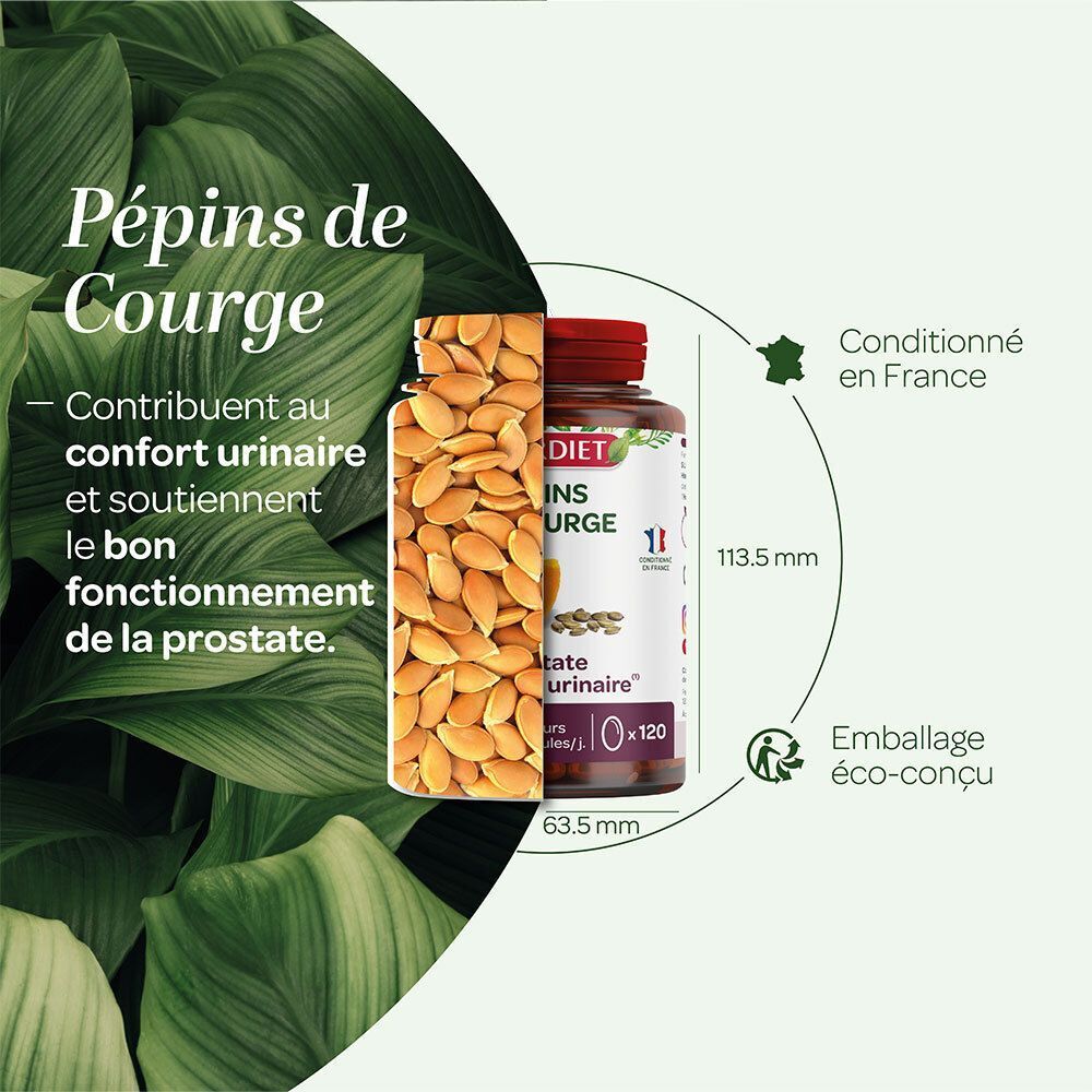 Flacon SUPERDIET Huile de pépins de courge avec dimensions et labels fabrication française et éco-conception.