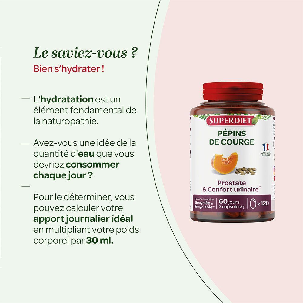 Flacon SUPERDIET Huile de pépins de courge à côté d'un texte sur l'importance de l'hydratation en naturopathie.