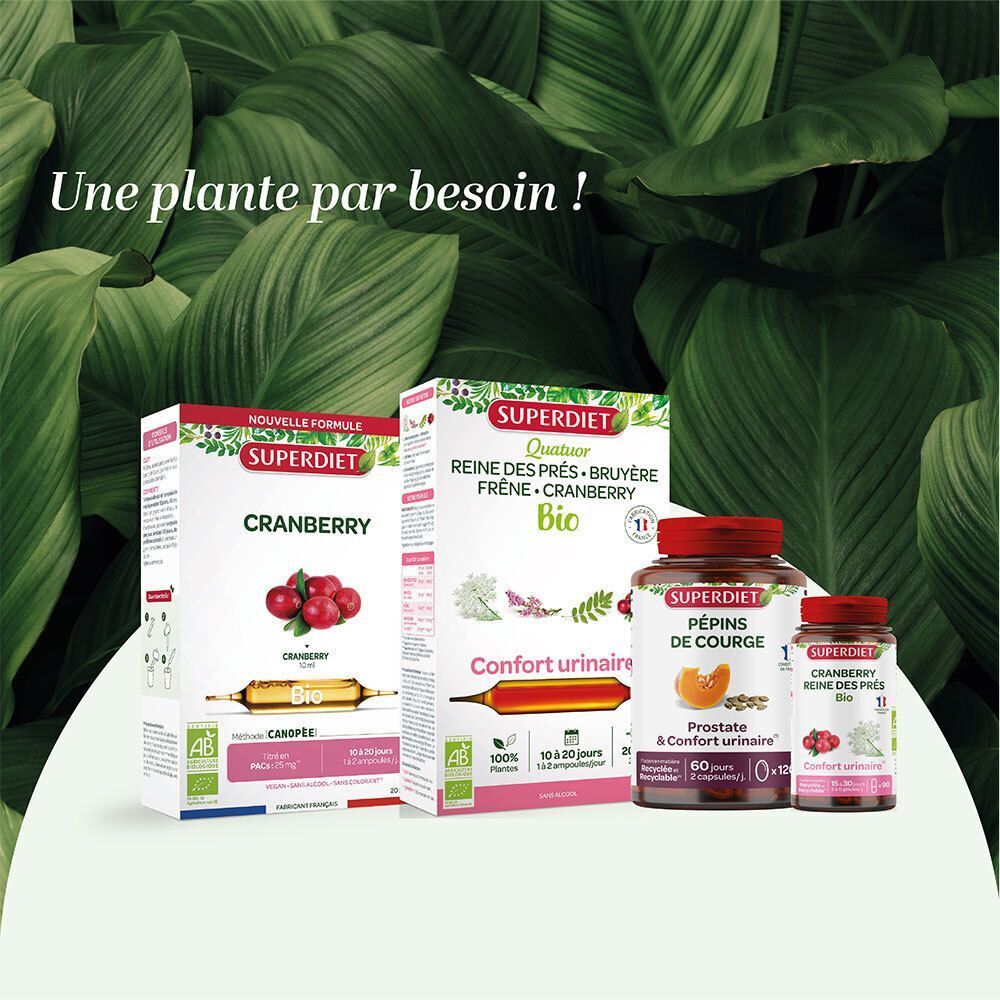 Produits SUPERDIET : Cranberry, Reine des prés, Pépins de courge pour confort urinaire et prostate.