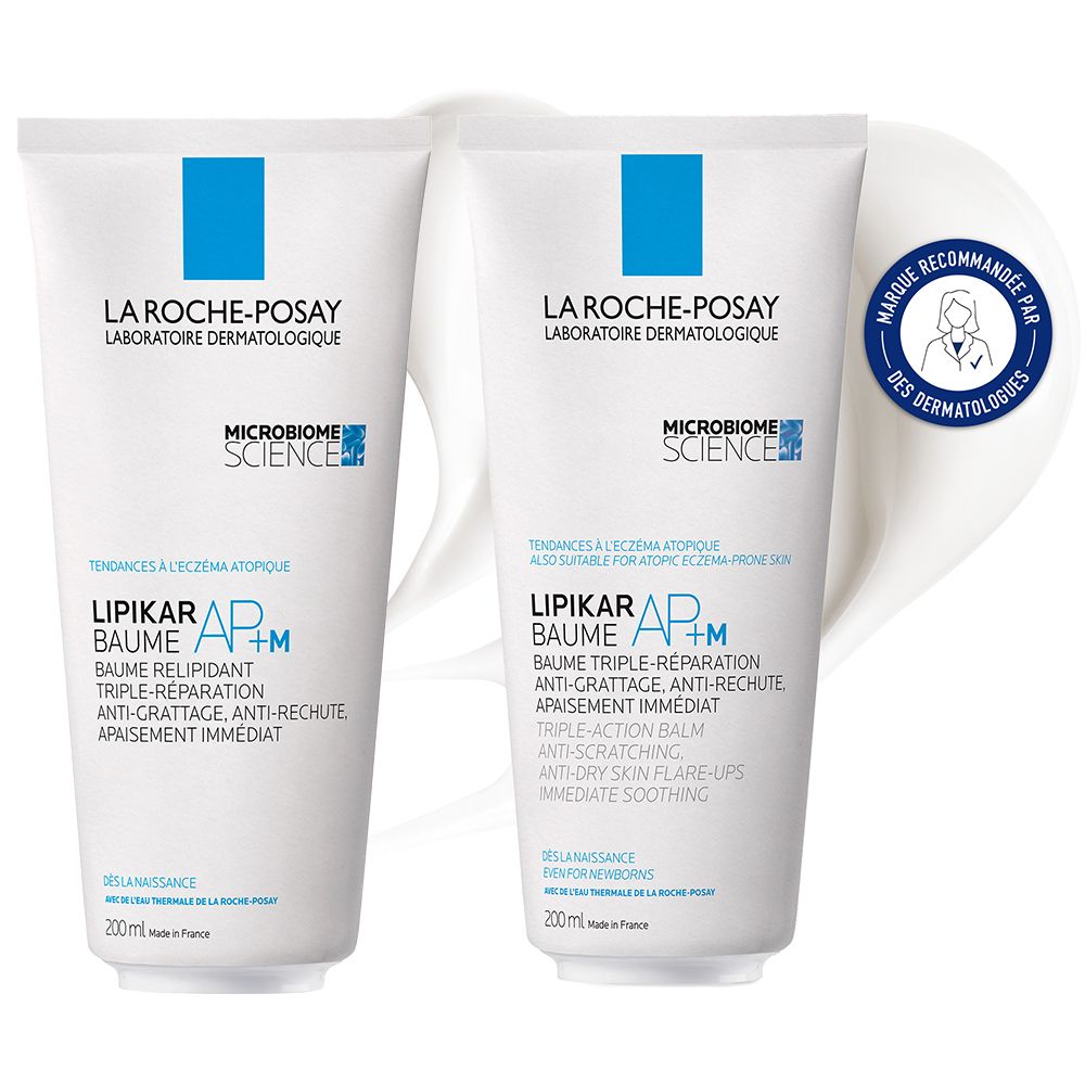 Deux tubes de LA ROCHE-POSAY LIPIKAR Baume AP+M. Blancs, avec carré bleu et texte. Avec sceau des dermatologues.