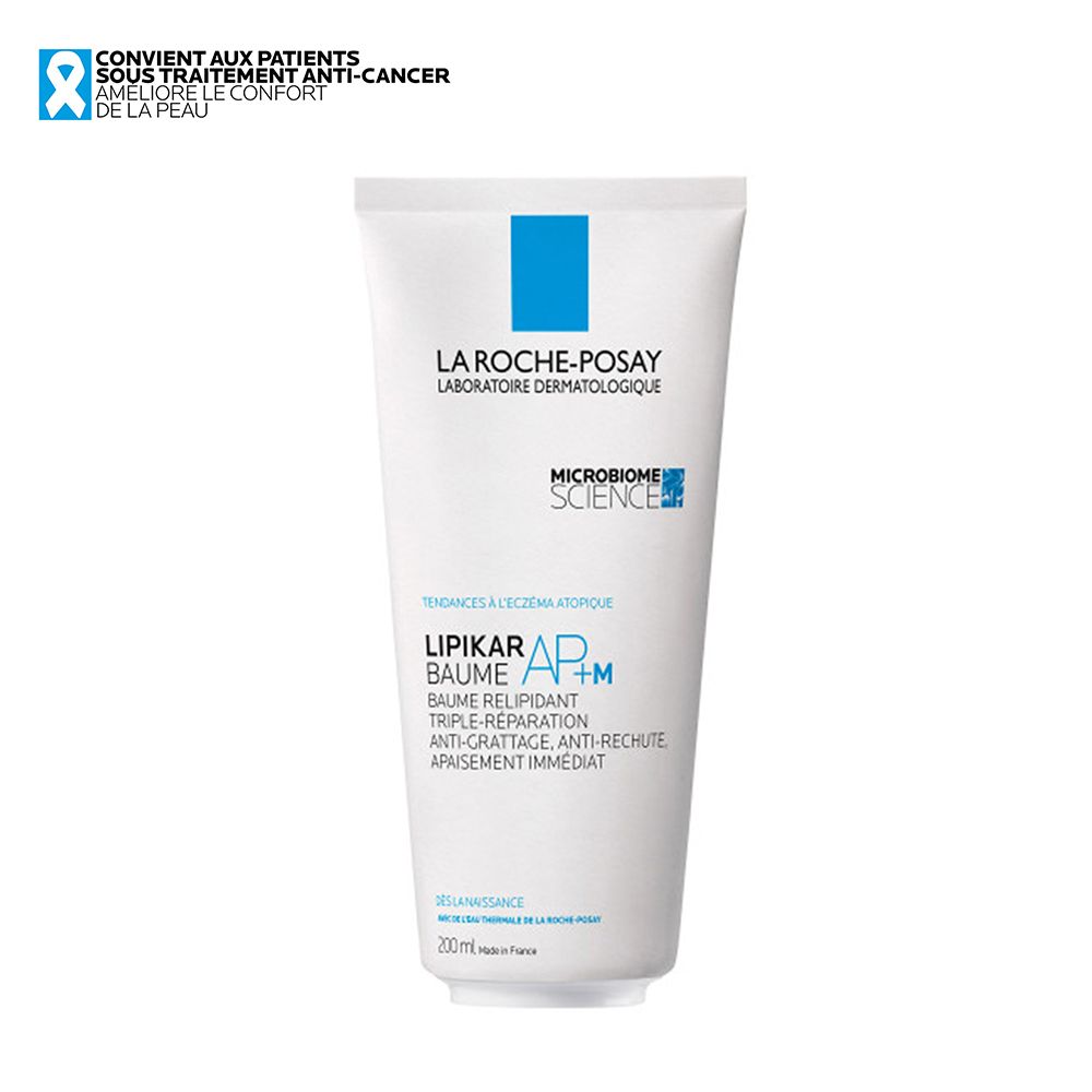 Tube LA ROCHE-POSAY LIPIKAR Baume AP+M. Blanc, avec carré bleu et texte. Pour patients sous traitement anti-cancer.