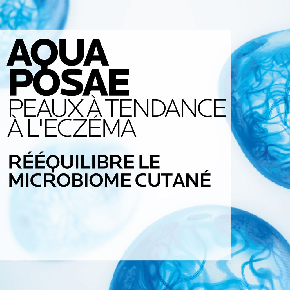 Graphique avec cercles bleus et texte: AQUA POSAE, Peaux à tendance à l'eczéma, rééquilibre le microbiome cutané.