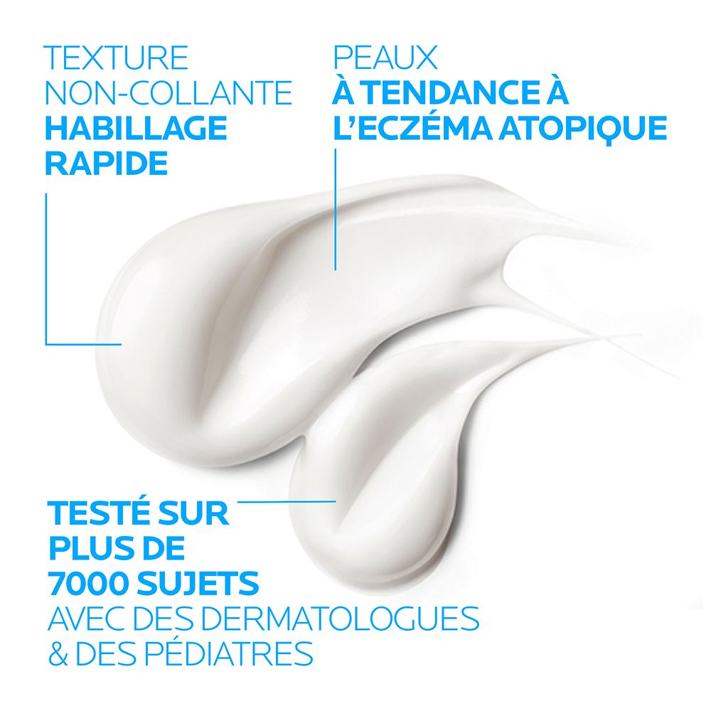 Tache de crème blanche avec texte: Texture non-collante, Peaux à tendance à l'eczéma atopique, Testé sur plus de 7000 sujets.