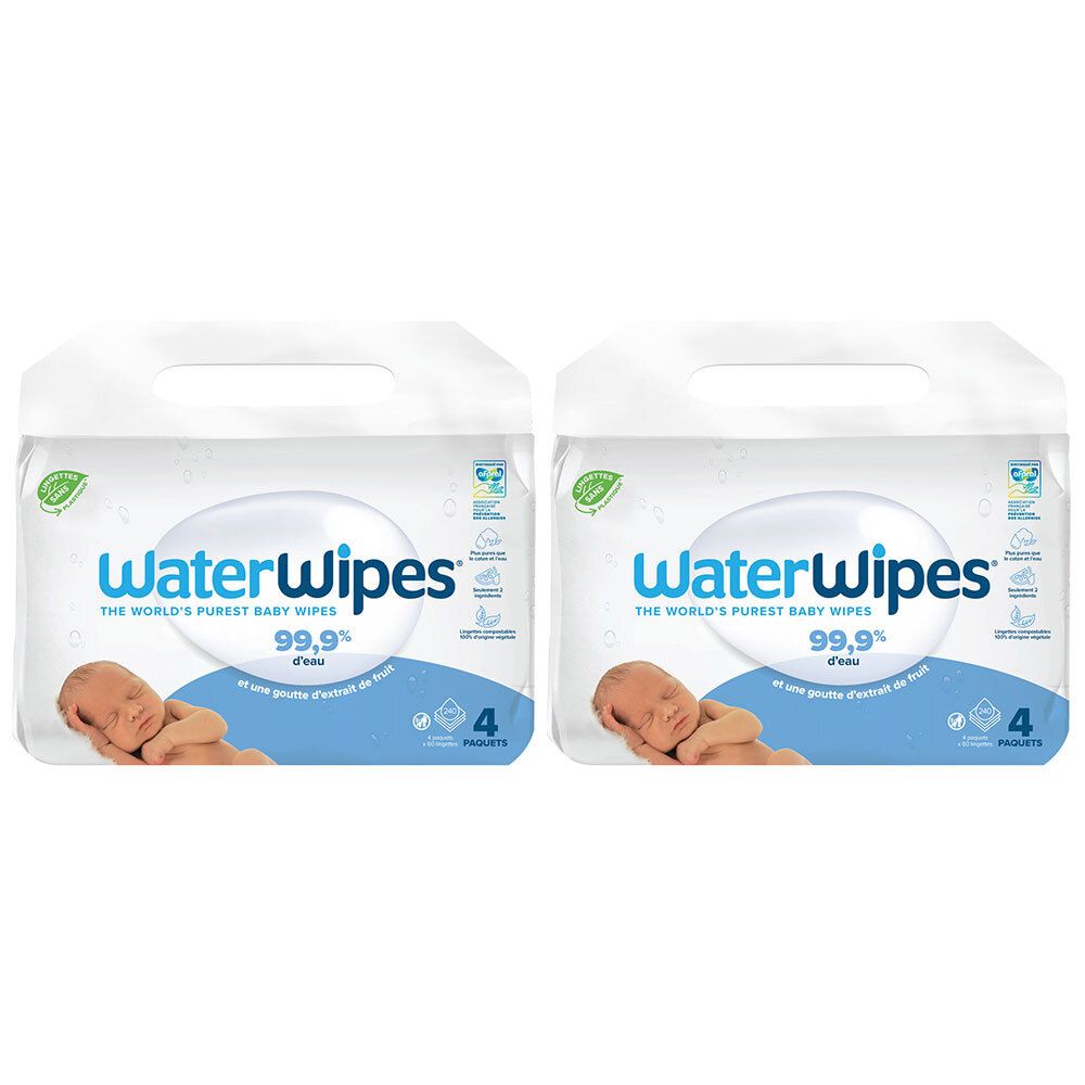 Deux paquets de lingettes WaterWipes. Inscription : 99,9% d'eau. Image d'un bébé. 4 paquets.
