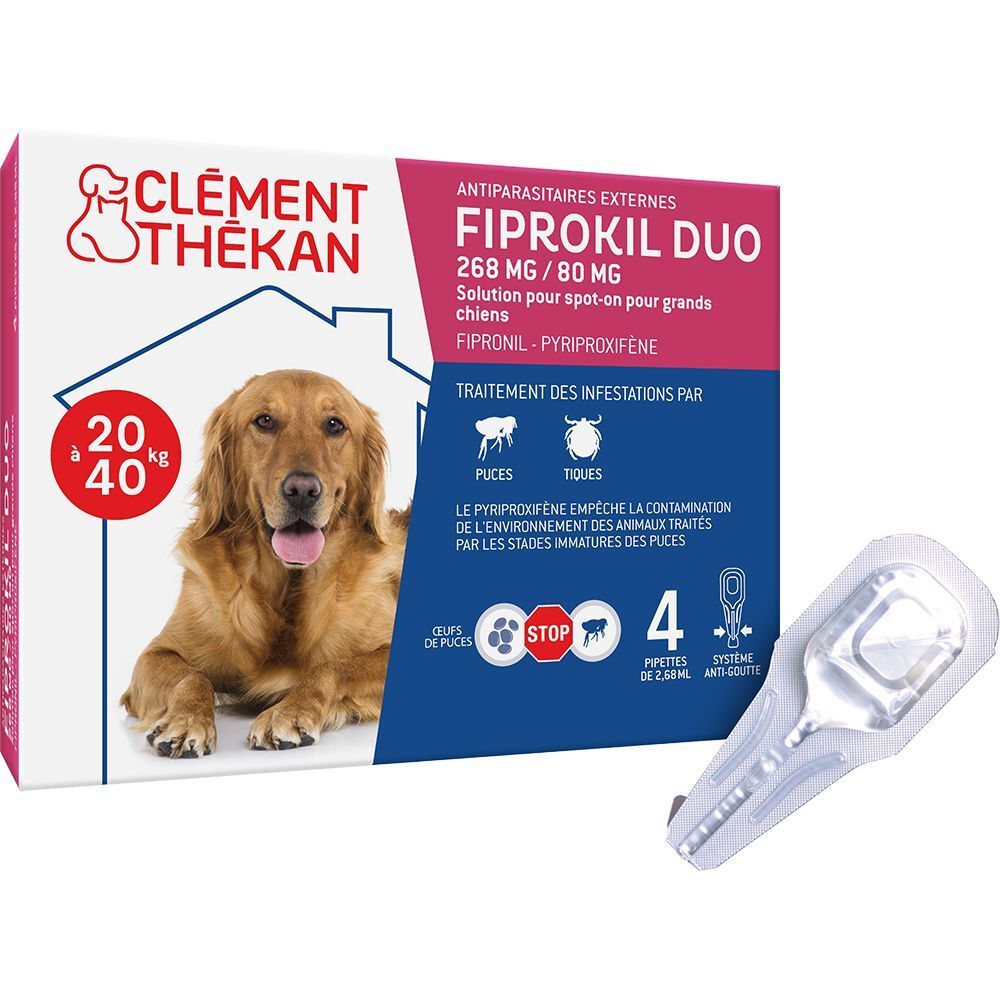 Une boîte de Clément Thékan Fiprokil Duo spot-on pour chiens 20-40 kg et une pipette. Montre un Golden Retriever.