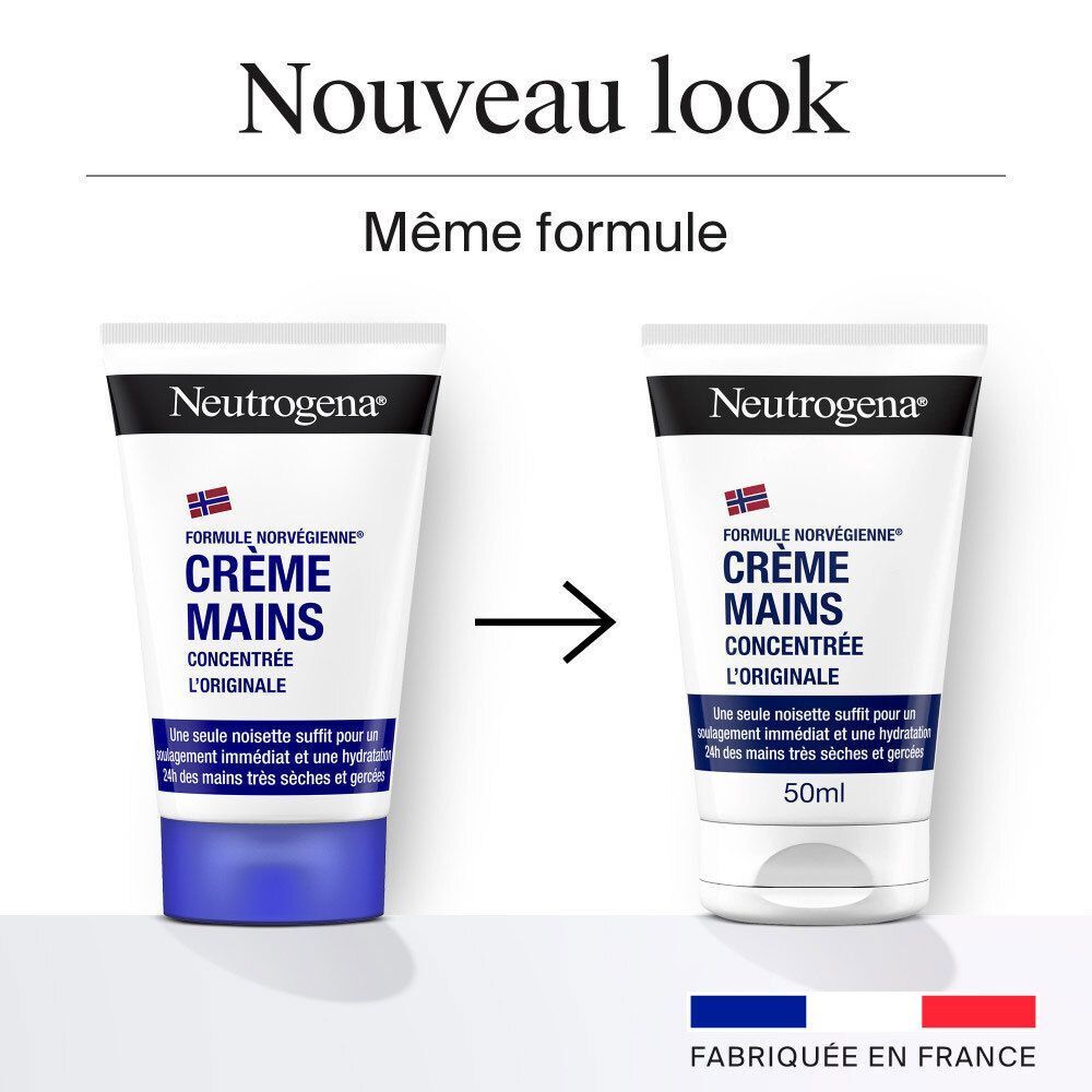 Comparaison de deux tubes de crème pour les mains, ancien et nouveau look.