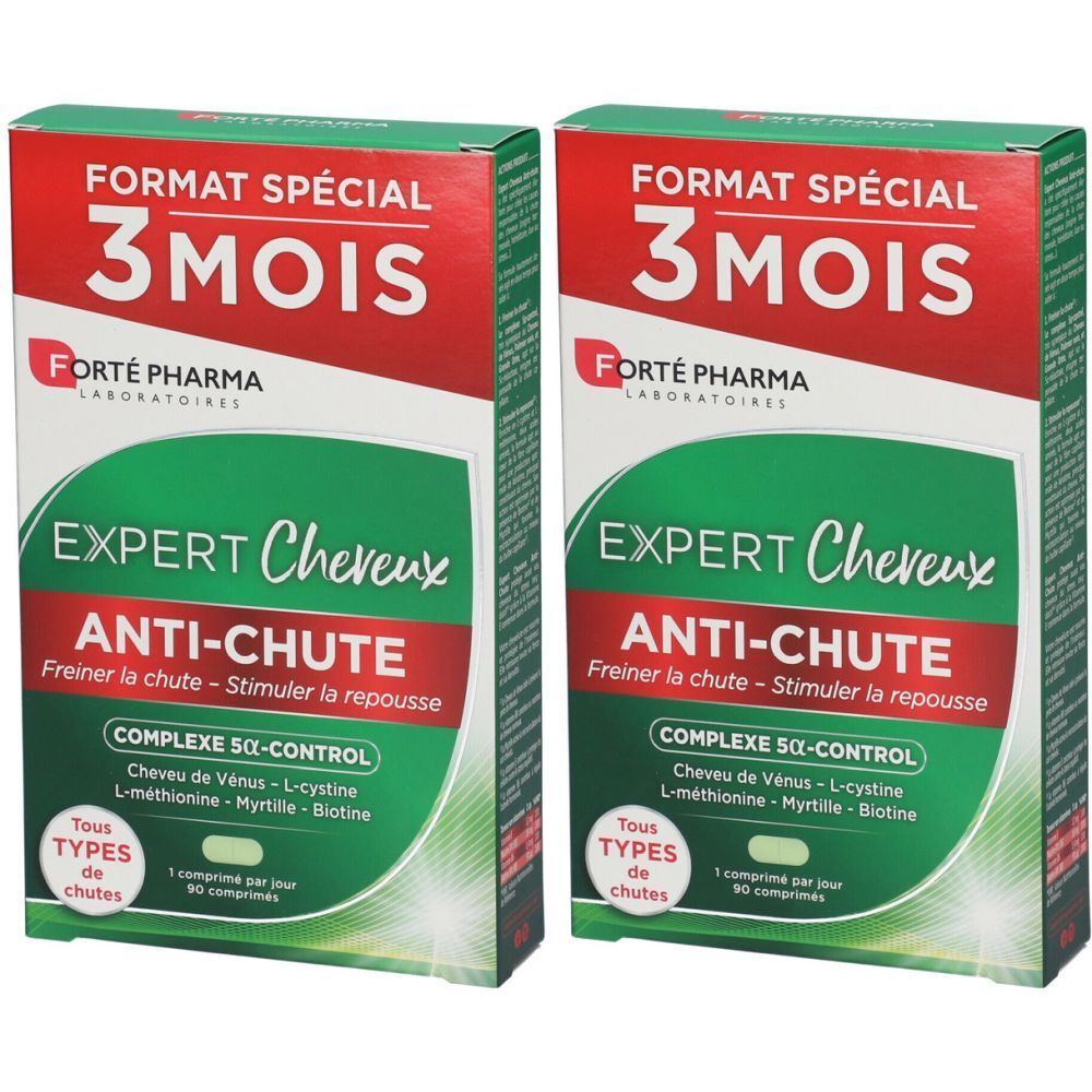 Deux boîtes Forté Pharma EXPERT Anti-Chute. Emballage rouge et vert avec nom du produit et logos. "3 MOIS" et "FORMAT SPÉCIAL".