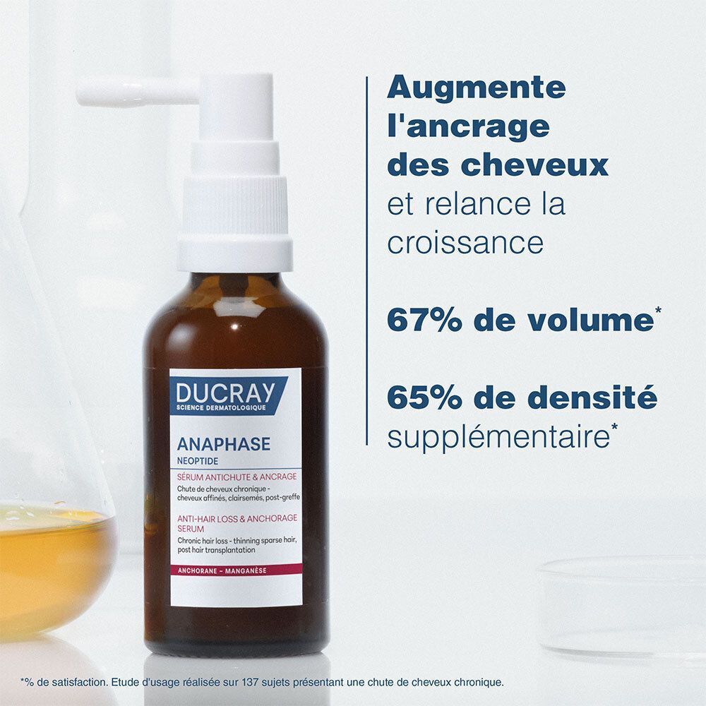 Flacon brun avec vaporisateur blanc. Texte: Augmente l'ancrage des cheveux et relance la croissance. 67% de volume. 65% de densité.