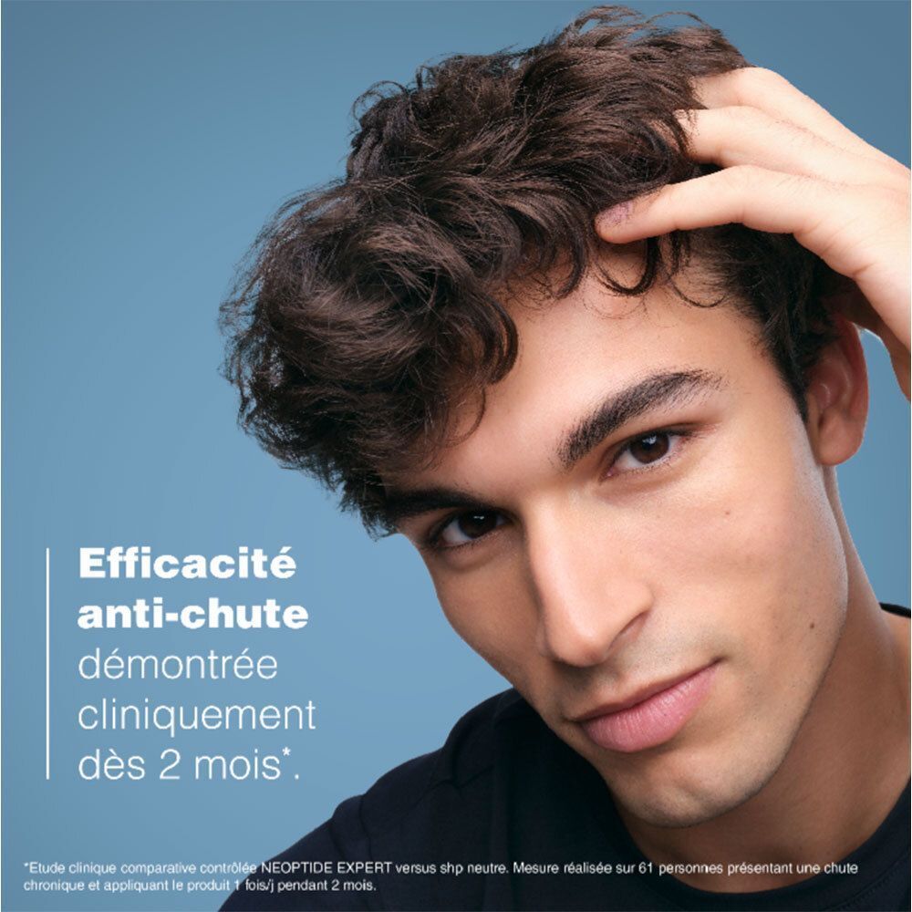 Homme touchant ses cheveux. Texte: Efficacité anti-chute démontrée cliniquement dès 2 mois.