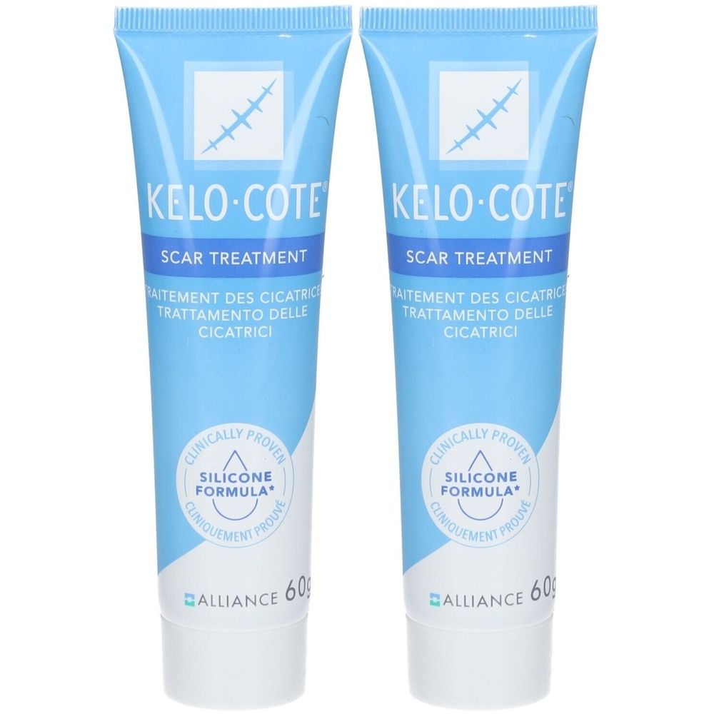 Deux tubes de KELO-COTE, traitement des cicatrices. Tubes bleus avec texte blanc. Contient 60g. Avec le sceau "SILICONE FORMULA".