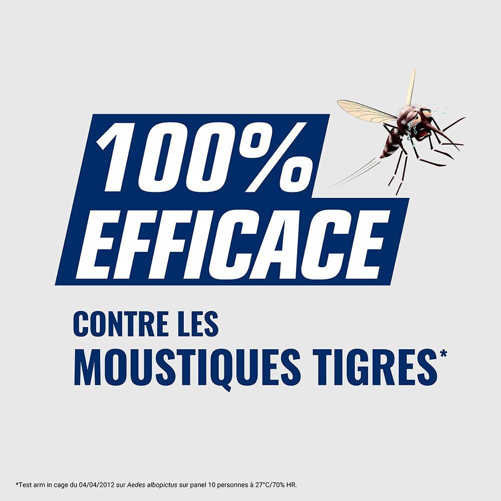 100% d'efficacité contre les moustiques tigres, avec une illustration de moustique.