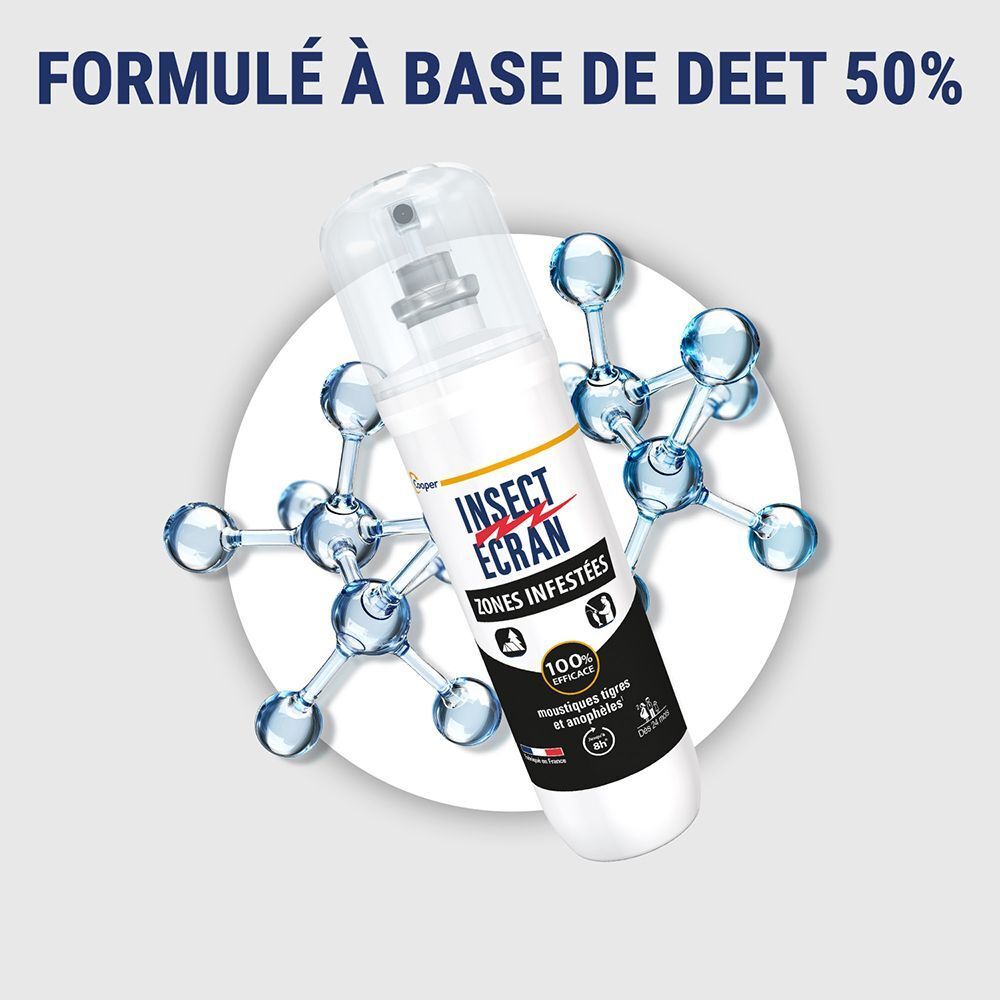 Un spray INSECT ÉCRAN ZONES INFESTÉES, formulé à base de DEET 50%, entouré de structures moléculaires.