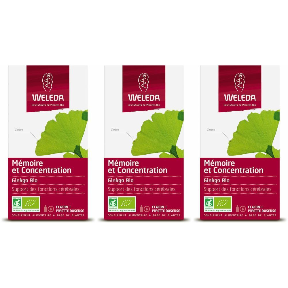 Trois boîtes "WELEDA Mémoire et Concentration Ginkgo Bio". Emballage vert, blanc et rouge avec une feuille de ginkgo.