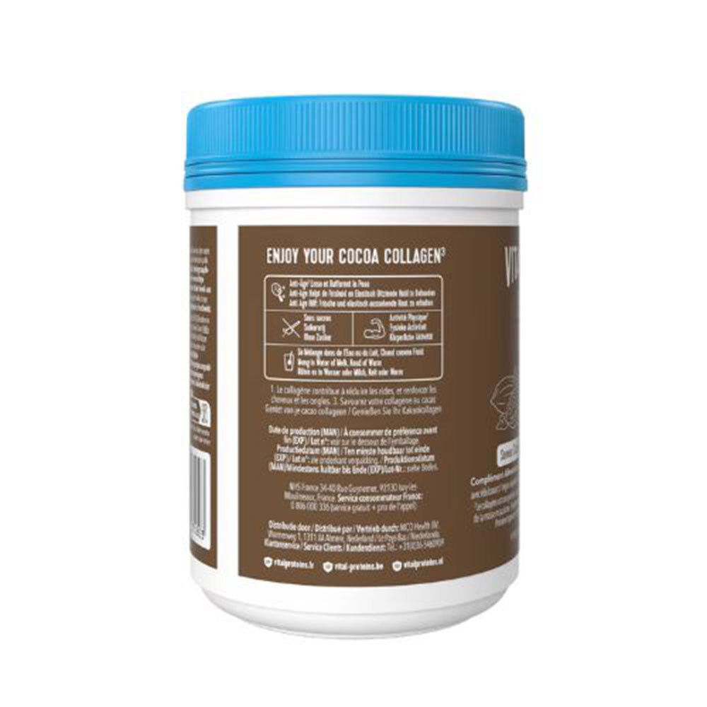 Dos de la boîte. Inscription: ENJOY YOUR COCOA COLLAGEN. Informations et symboles.