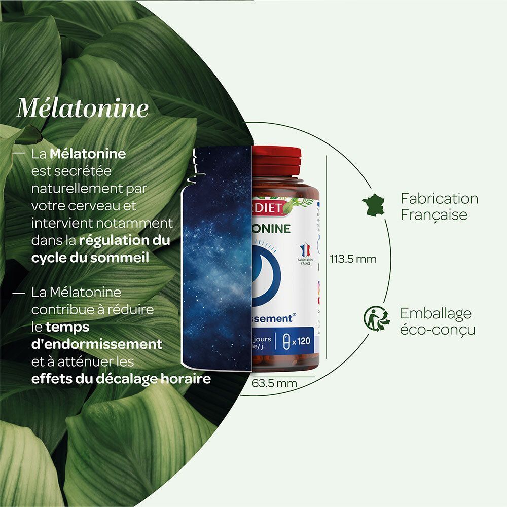 Pot SUPERDIET Mélatonine avec symboles français de fabrication et d'éco-conception.