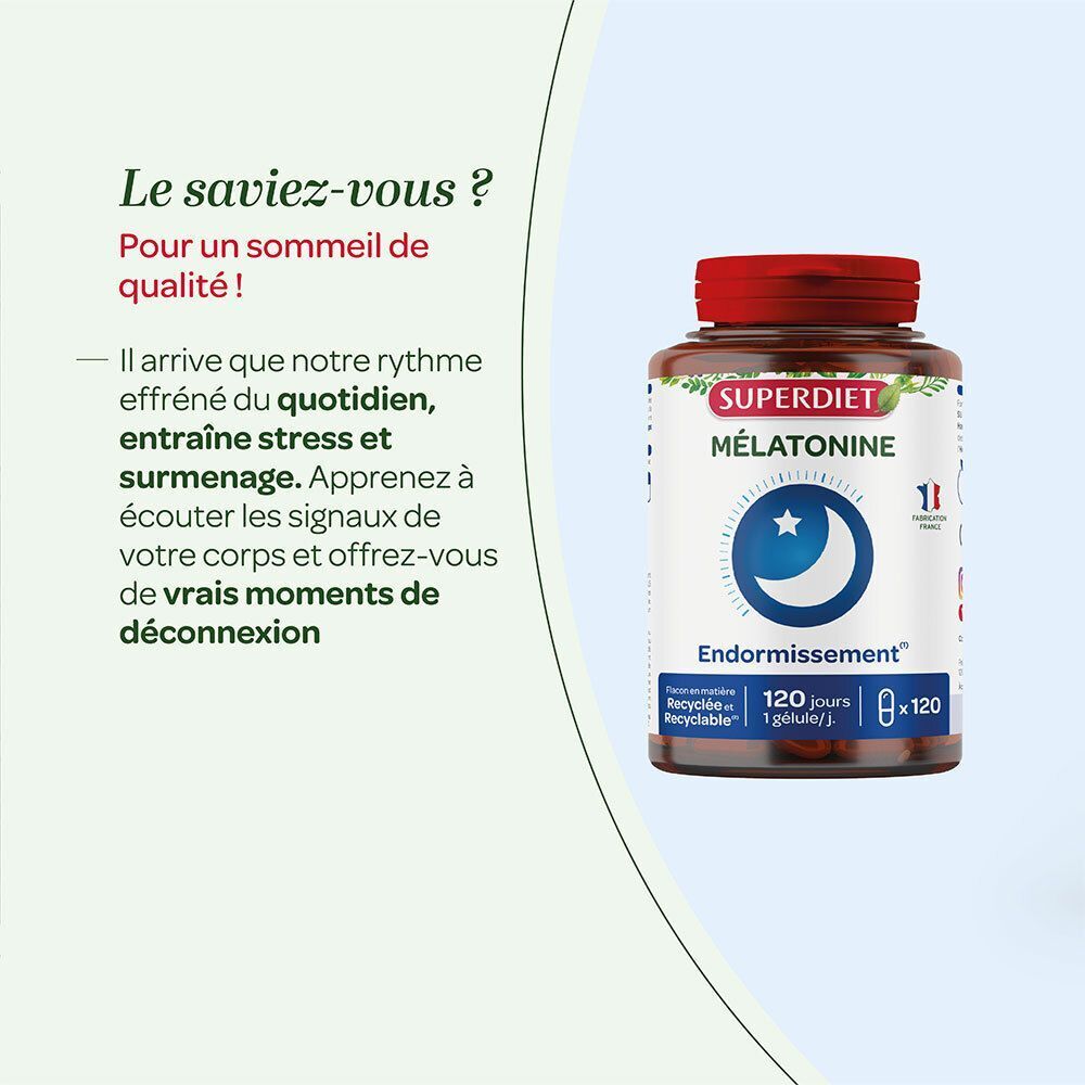 Pot SUPERDIET Mélatonine à côté d'un texte sur la qualité du sommeil et la gestion du stress.