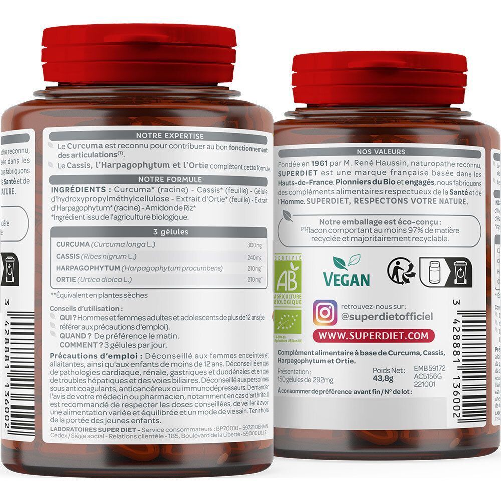 Vue arrière de deux pots SUPERDIET Quatuor Curcuma Bio Articulations Gélule avec liste d'ingrédients et logos.
