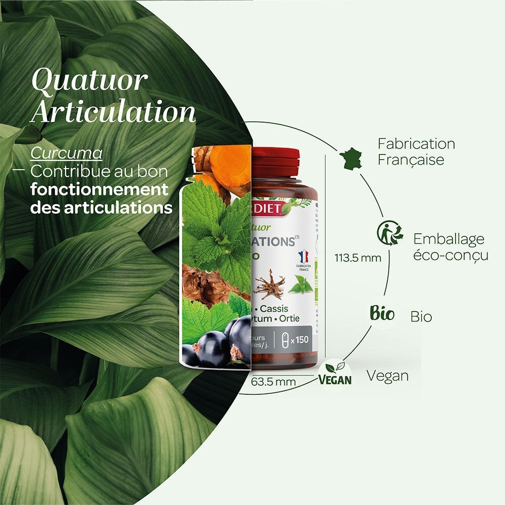 Pot SUPERDIET Quatuor Articulation avec Curcuma, Cassis, Harpagophytum, Ortie. Fabrication française, Bio, Vegan.