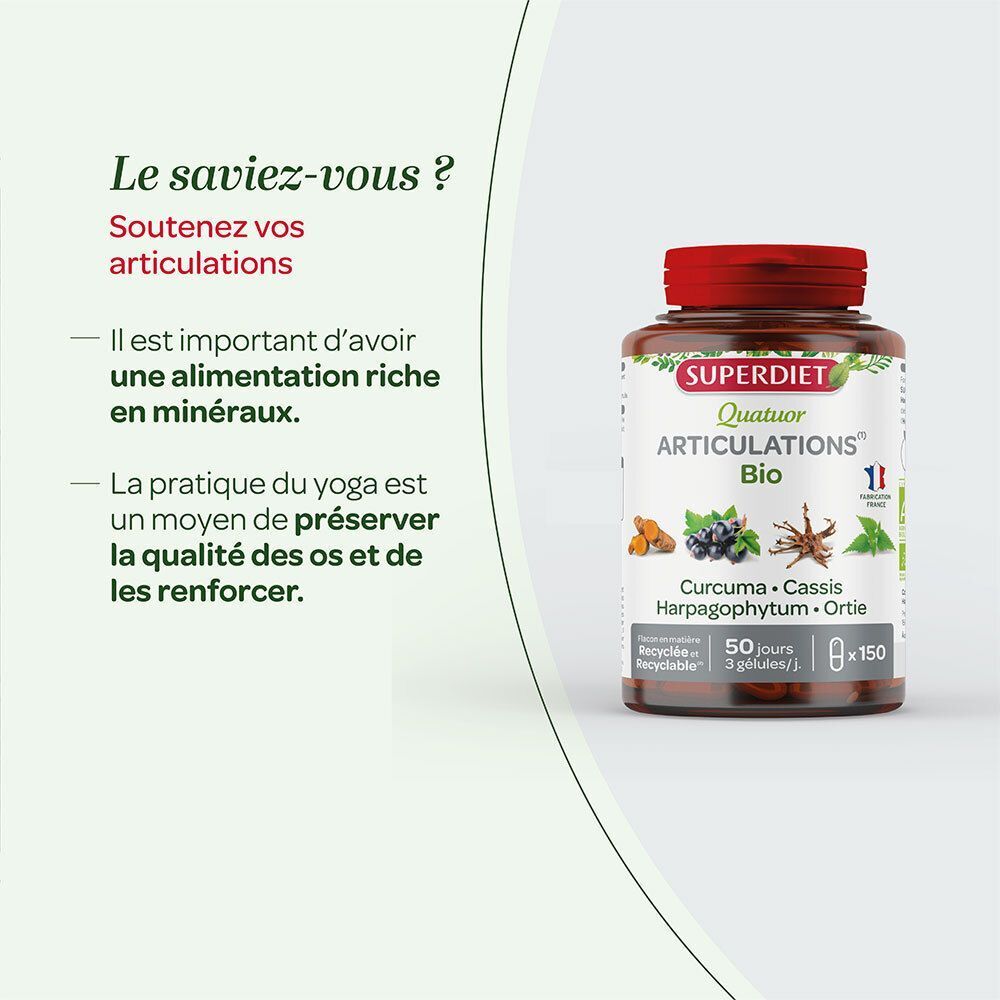 Pot SUPERDIET Quatuor Articulations Bio, avec informations sur le soutien des articulations.