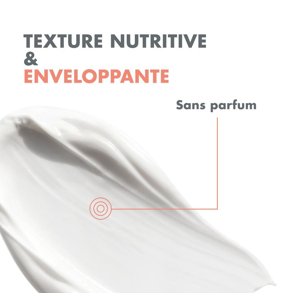 Gros plan d'une crème. Texte: Texture nutritive & enveloppante. Sans parfum.