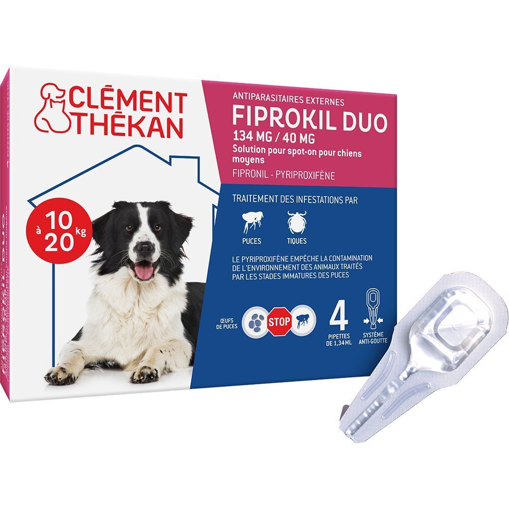 Clément Thékan Fiprokil Duo pour chiens 10-20kg avec une pipette individuelle. Montre un chien et l'emballage.