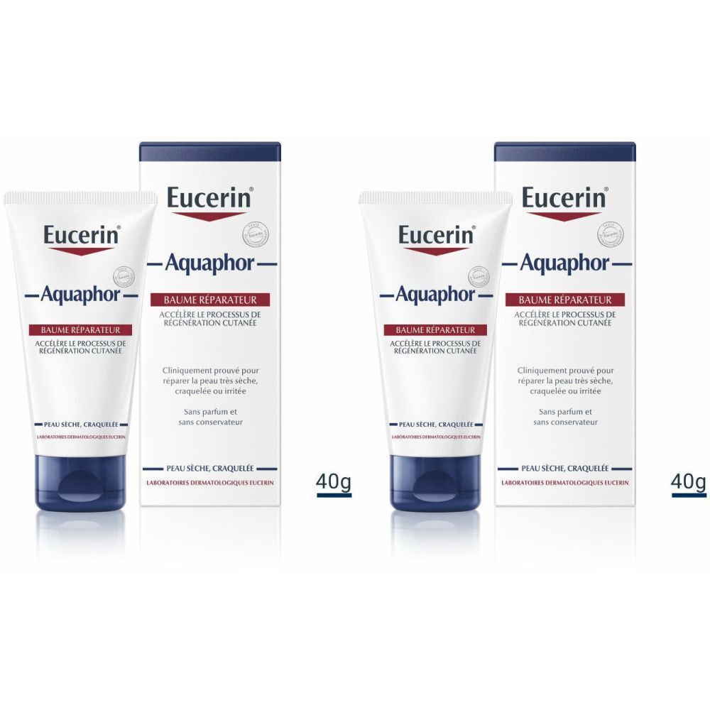 Deux tubes et emballages de Eucerin Aquaphor Baume Réparateur Cutané 40 g. Tubes blancs avec bouchon bleu et emballage.