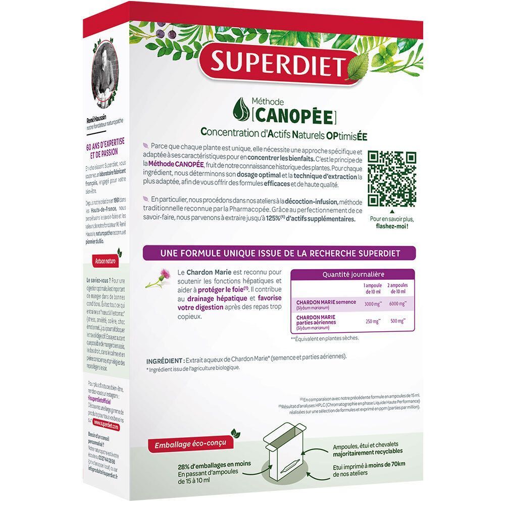 Arrière d'une boîte de SUPER DIET Chardon Marie Ampoules Bio avec instructions et ingrédients.