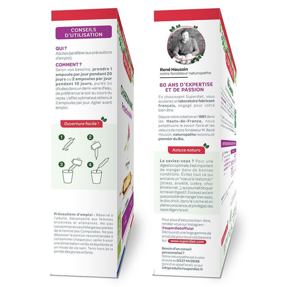 Vue latérale d'une boîte de SUPER DIET Chardon Marie Ampoules Bio avec conseils d'utilisation et photo du fondateur.