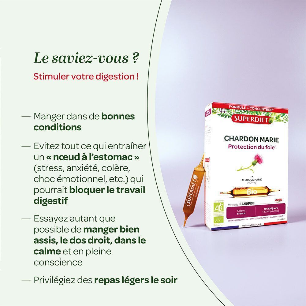 Boîte de SUPER DIET Chardon Marie Ampoules Bio et une ampoule seule, avec conseils pour la digestion.