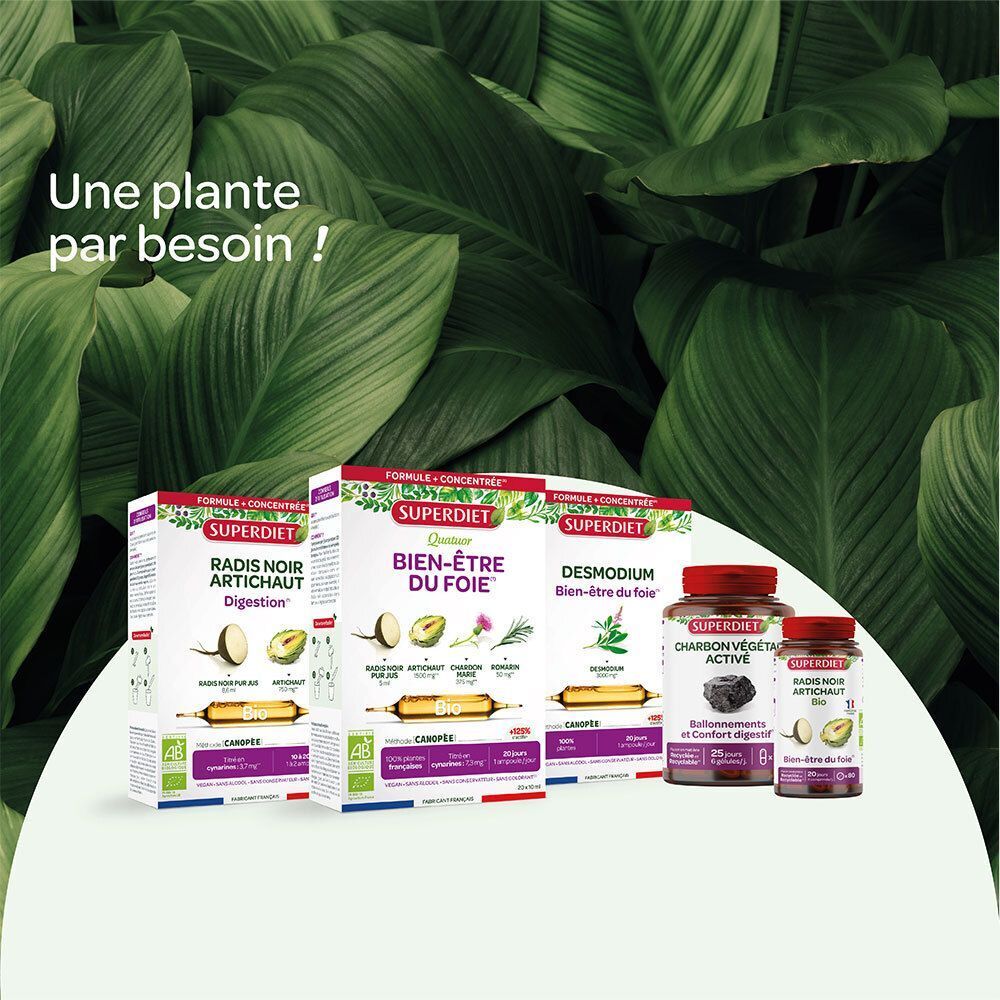 Divers produits SUPER DIET, incluant Chardon Marie, Radis Noir Artichaut et Desmodium.