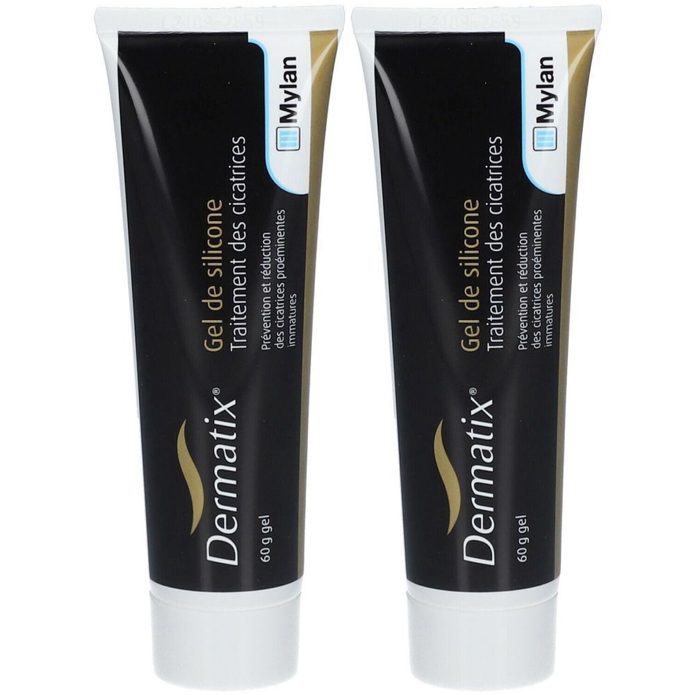Deux tubes de Dermatix Gel de silicone. Tube noir avec texte blanc. Contient des informations sur le traitement des cicatrices et le logo Mylan.