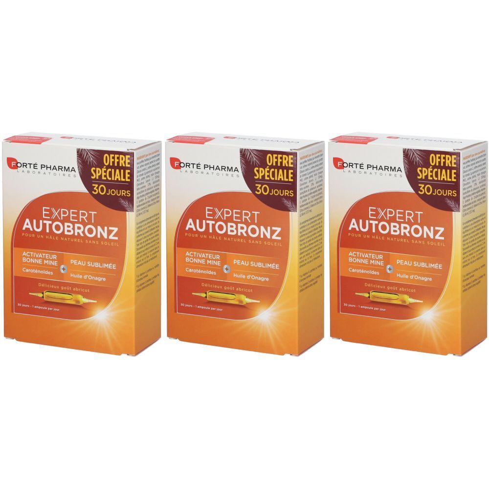 Trois boîtes de Forté Pharma Expert Autobronz. Emballage orange avec nom du produit et offre spéciale.